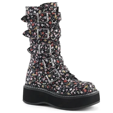 Demonia Emily-340 Knæhøje Støvler Dame Floral Fabric | 91732DK